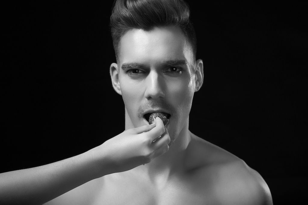 Hand, strawberries, portraiture, male model, french model.